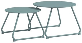 Conjunto de 2 Mesas de Jardim Empilháveis Mesas Auxiliares de Jardim Redondas com Estrutura de Metal e Revestimento Epóxi Azul