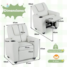 Poltrona reclinável para crianças em veludo, com porta-copos e apoio para os pés ajustável, para sala de estar ou área de jogos, a partir dos 3 anos,