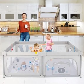 Parque infantil 206 x 147 x 68,5 cm com padrão Pinguim Tapete Centro de atividades Atóxico Bolas Transpirável Fecho de correr Cinza