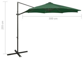 Guarda-sol jardim cantilever c/ poste e luzes LED 300 cm verde