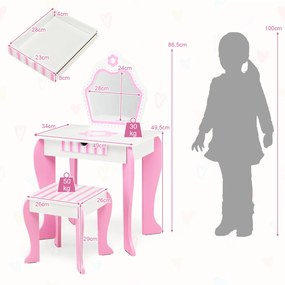 Conjunto de Toucador e banquinho para crianças com gaveta de espelho destacável Mesa de Maquilhagem para crianças Branco e Rosa