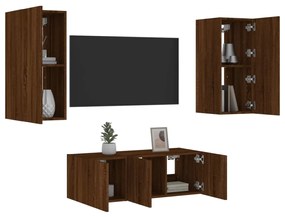 vidaXL 4 pcs móveis parede TV c/ LEDs deriv. madeira carvalho castanho