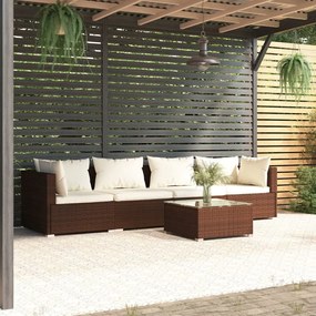 vidaXL 5 pcs conjunto lounge jardim c/ almofadões vime PE castanho