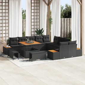 Conjunto de Sofá de Jardim de 13 Peças com Almofadas Preto Rattan Poli