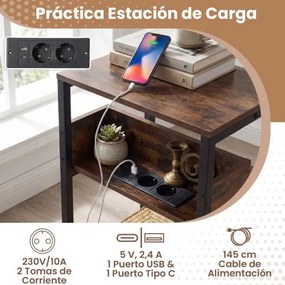 Mesa apoio de 3 níveis 40 x 30 x 61 cm com estação de carregamento USB e tomadas estilo industrial para sala e quarto Castanho Rústico e Preto