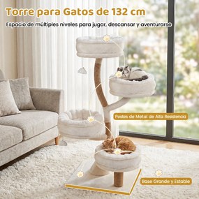 Árvore para Gatos, 58,5 x 58,5 x 132 cm, 4 Plataformas Removíveis, Branco