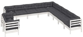 11 pcs conj. lounge de jardim c/ almofadões pinho maciço branco