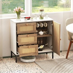 Aparador Aljezur com Frente em Rattan – 80x35x80,5 cm – Branco e Natur
