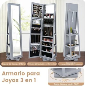 Espelho giratório 360° para joias com espelho de corpo inteiro Organizador de joias com espelho para maquilhagem 39 x 39 x 161 cm Cinza escuro