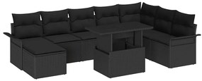 Conjunto de Sofá Jardim vidaXL 9 Peças com Almofadas Preto Rattan Poliéster