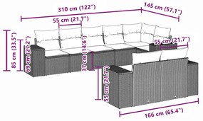 8 pcs conj. sofás jardim c/ almofadões vime PE cinzento-claro