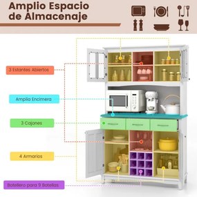 Armário de cozinha com vidro temperado com suporte para garrafas de vinho Estantes ajustáveis 106 x 41,5 x 184,5 cm Branco