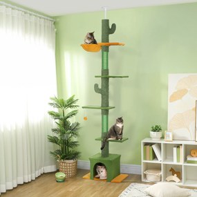 Arranhador para gatos, altura 275 cm, 6 níveis para gatos de interior, do chão ao teto, com plataformas, compartimentos abertos, casinha, rede, verde
