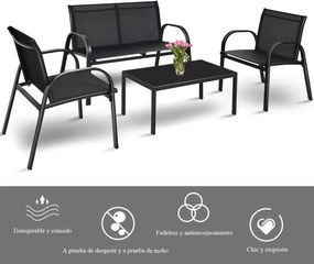 Conjunto Jardim de Mesa de Centro, 2 Cadeiras, Banco e Mesa de Centro de Jardim em Ferro e Malha para Terraço Exterior Preto
