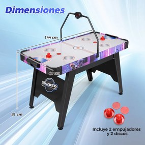 Mesa de Air hóquei Crianças com marcador digital LED Motor potente de 12 V e 2 discos e 2 empurradores 144 x 68 x 81 cm Branco