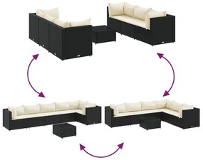 7 pcs conjunto lounge de jardim c/ almofadões vime PE preto