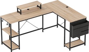 HOMCOM Secretária de Canto Reversível em L 168-240 cm Industrial com Suporte para Monitor e CPU, Prateleiras e Bolsa Lateral, Natural | Aosom Portugal