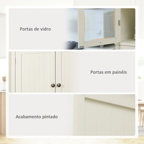 Armário de Cozinha com 2 Portas de Vidro 1 Gaveta e Prateleira Ajustável Móvel Auxiliar de Cozinha Anti-Tombo 76x40x182,5cm Creme