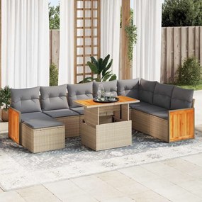 7 pcs conjunto sofás jardim com almofadões vime PE/acácia bege