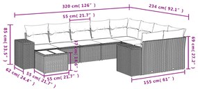 10 pcs conjunto sofás de jardim c/ almofadões vime PE cinzento