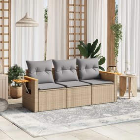 vidaXL 3 pcs conjunto de sofás p/ jardim com almofadões vime PE bege