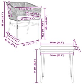 Conjunto jantar jardim 3 peças almofadas vidro vime cinzento PE