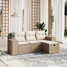 4 pcs conjunto de sofás para jardim c/ almofadões vime PE bege