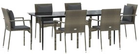 7 pcs conjunto jantar jardim c/ almofadões vime PE preto/cinza