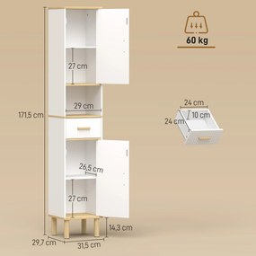Coluna Estreita para Casa de Banho com Prateleiras Ajustáveis Gaveta e Compartimento Aberto 31,5x29,7x171,5 cm Branco