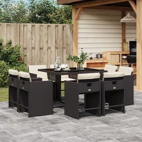 vidaXL 9 pcs conjunto de jantar p/ jardim c/ almofadões vime PE preto