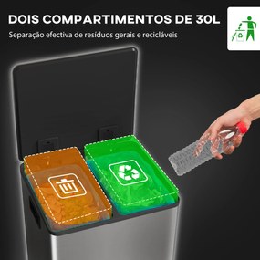 HOMCOM Balde de Lixo de Cozinha com 2 Compartimentos 2x30L Cubo de Lix