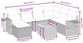 8 pcs conjunto sofás de jardim c/ almofadões vime PE cinzento