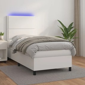 Cama box spring c/colchão/LED 100x200cm couro artificial branco