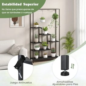 Suporte para plantas alto de 6 níveis 180 cm com 10 ganchos para pendurar e prateleira de arame Preto