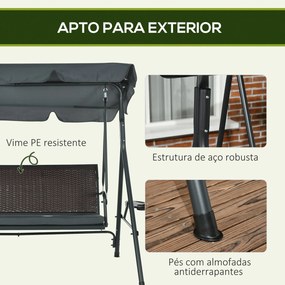 Baloiço de Jardim de 3 Lugares Baloiço para Exterior com Toldo Ajustável Assento de Vime 2 Suporte para Capos 2 Bandejas e Estrutura de Aço para Varan