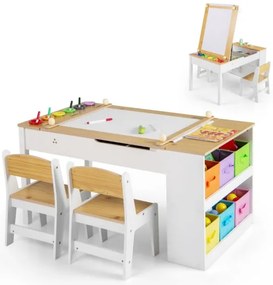 Mesa e cadeiras infantis 2 em 1 com arrumação, com tampo elevável, rolo de papel, 6 copos de tinta e 6 caixas brancas + naturais
