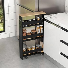 Carrinho de cozinha estreito 47,5 x 20 x 80,5 cm de 4 níveis com rodas com pega e estantes abertas para espaços pequenos Preto
