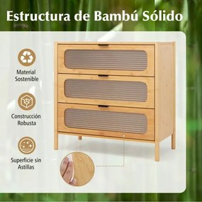 Cómoda de 3 gavetas em bambu com frente em vidro temperado estriado 80 x 40 x 78,5 cm Natural