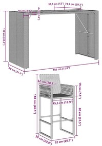7 pcs conj. bar jardim sem almofadões vime PE/acácia cinzento