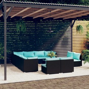 vidaXL 12 pcs conjunto lounge de jardim c/ almofadões vime PE preto
