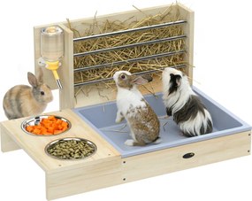 Comedouro de Feno para Coelhos com Bandeja, Alimentador de Feno em Madeira com Tigela de Aço Inoxidável e Bebedouro