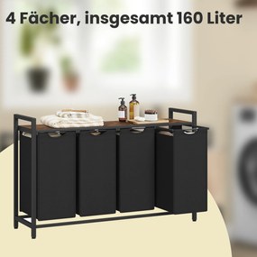 Cesto para roupa suja com 4 compartimentos e prateleira de 160 L, 116 x 33 x 72 cm castanho vintage + preto