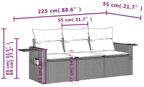 3 pcs conjunto sofás de jardim com almofadões vime PE preto