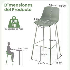 Conjunto de 4 bancos de bar com encosto acolchoado, apoio para os pés e pernas de metal verde