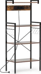 Armário de cozinha com tomadas Estante de micro-ondas de 4 níveis com 8 ganchos 59 x 34 x 136 cm Castanho
