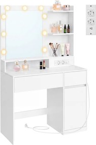 Toucador com espelho 40 x 80 x 144,3 cm, iluminação, base de carregamento e 2 gavetas, branco