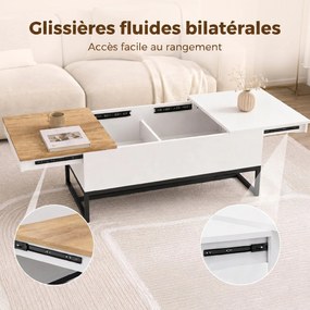 Mesa de centro extensível com tampo deslizante 100 x 50 x 45 cm, mesa de sala com arrumação oculta e pés em aço, branca