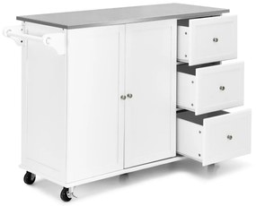 Carrinho de ilha de cozinha com bancada em aço inoxidável Estantes ajustáveis Gavetas 135 x 45,5 x 91,5 cm Branco