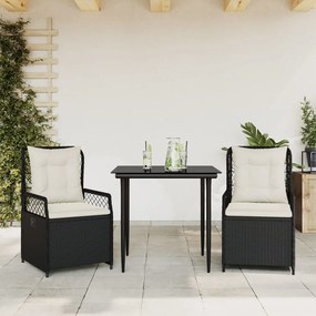 3 pcs conjunto de jantar p/ jardim c/ almofadões vime PE preto