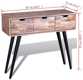 Mesa consola com 3 gavetas, madeira de teca reciclada